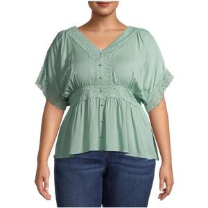 Plus Size Button Front Lace Trim Kimono Top NWT